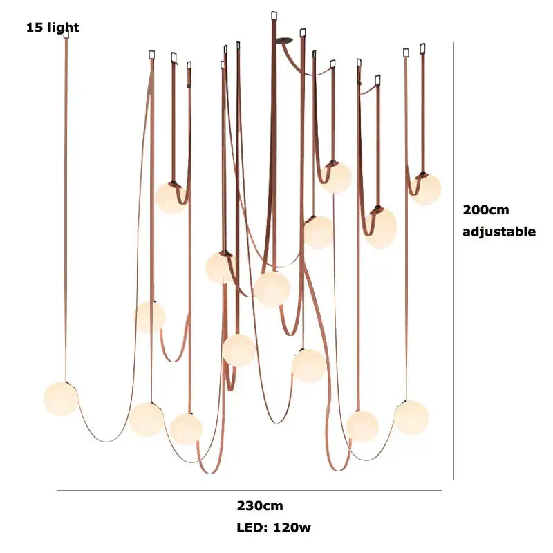 Modern glass ball led pendant light with 15 frosted glass spheres and curved copper-toned cords for living room decorbites glass ball