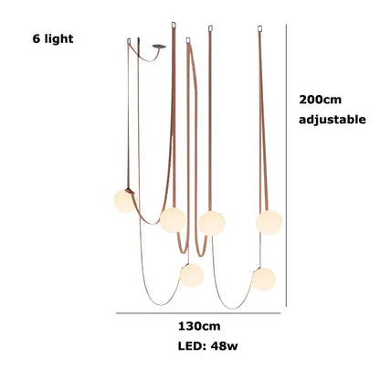Modern glass ball led pendant light with six warm frosted glass globes on slender copper-toned cords for decorbites pendant light