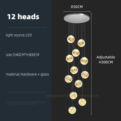 Modern 12-head led ball spiral chandelier with spherical glass globes and metallic base for dining room decorbites glass ball