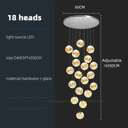 Modern glass ball spiral chandelier with 18 spherical glass light heads and adjustable height for dining room decorbites lighting