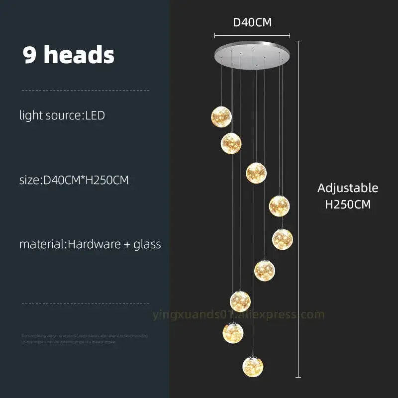 Modern nine-head decorbites glass ball spiral chandelier with spherical glass globes and metallic base for dining room lighting