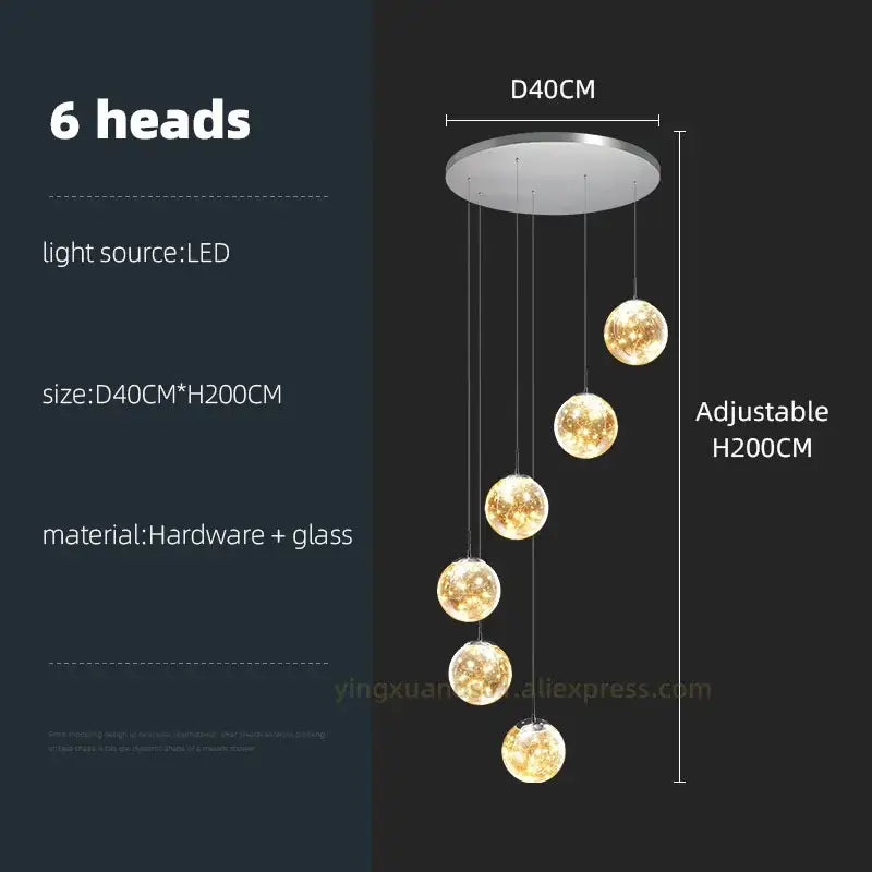 Modern six-head led ball spiral chandelier with glass ball globes and metallic ceiling mount for dining room decorbites glass ball