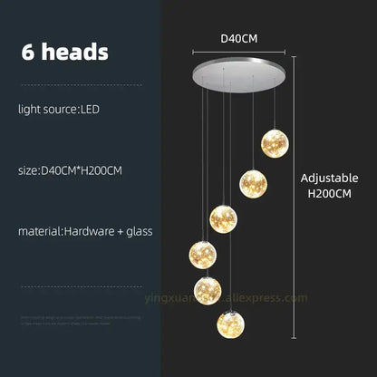 Modern six-head led ball spiral chandelier with glass ball globes and metallic ceiling mount for dining room decorbites glass ball