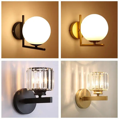 Modern glass ball wall lamp crystal sconce available in matte black brushed gold or polished brass finishes by decorbites