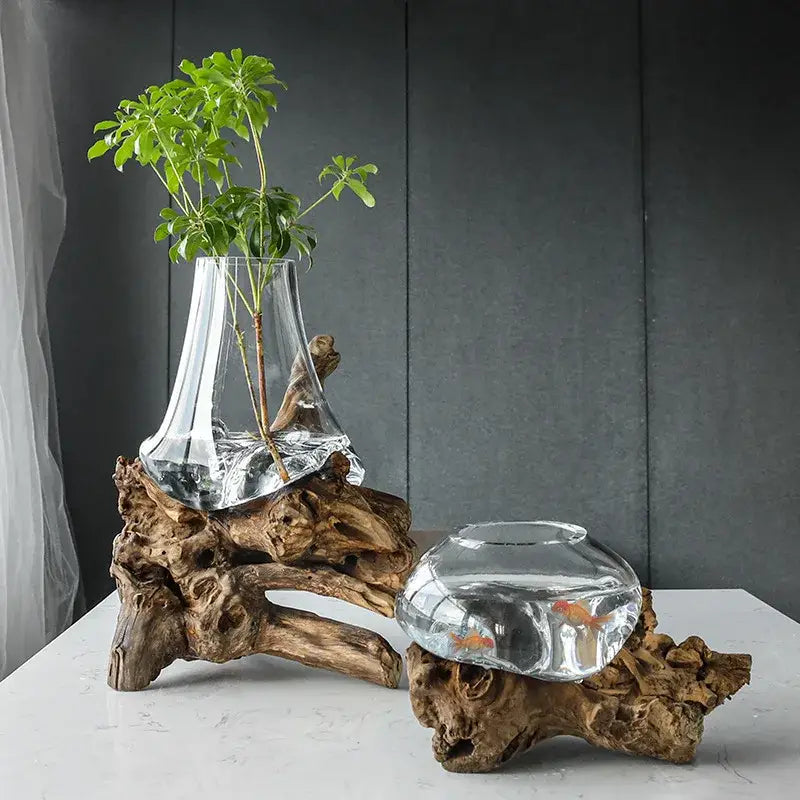 Modern decorbites glass bonsai vase fishbowl with clear curved glass and goldfish for living room decor