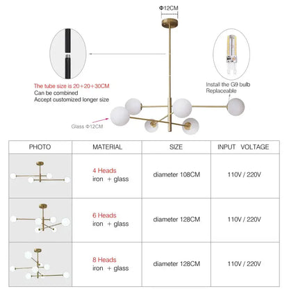 Modern glass brass chandelier with four white glass globes featuring geometric brass-toned decorbites glass design