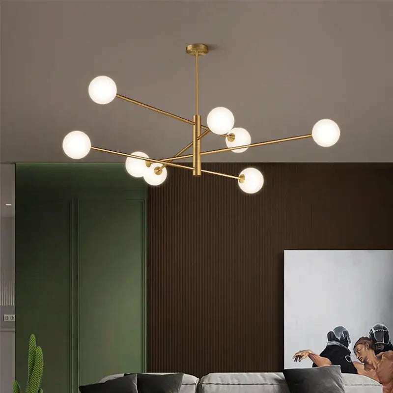 Modern glass brass chandelier with gold-toned geometric branching and frosted spherical bulbs for living room decorbites glass brass