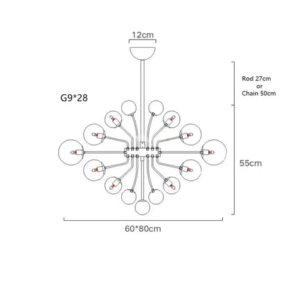 Modern glass bubble ceiling chandelier with 28 g9 bulbs, metallic arms, and clear glass shades for living room decorbites glass bubble