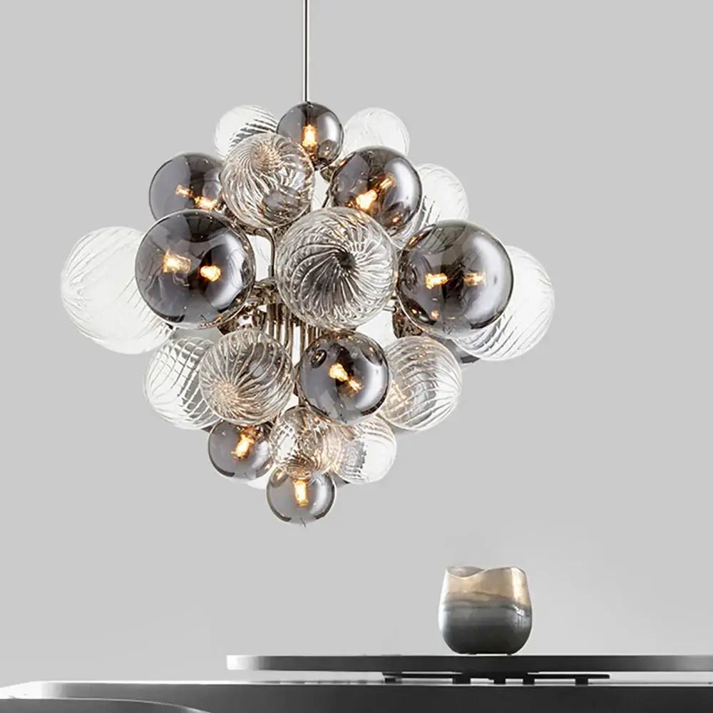 Modern glass bubble ceiling chandelier with clear and frosted translucent and smoked spheres for living room decorbites glass bubble