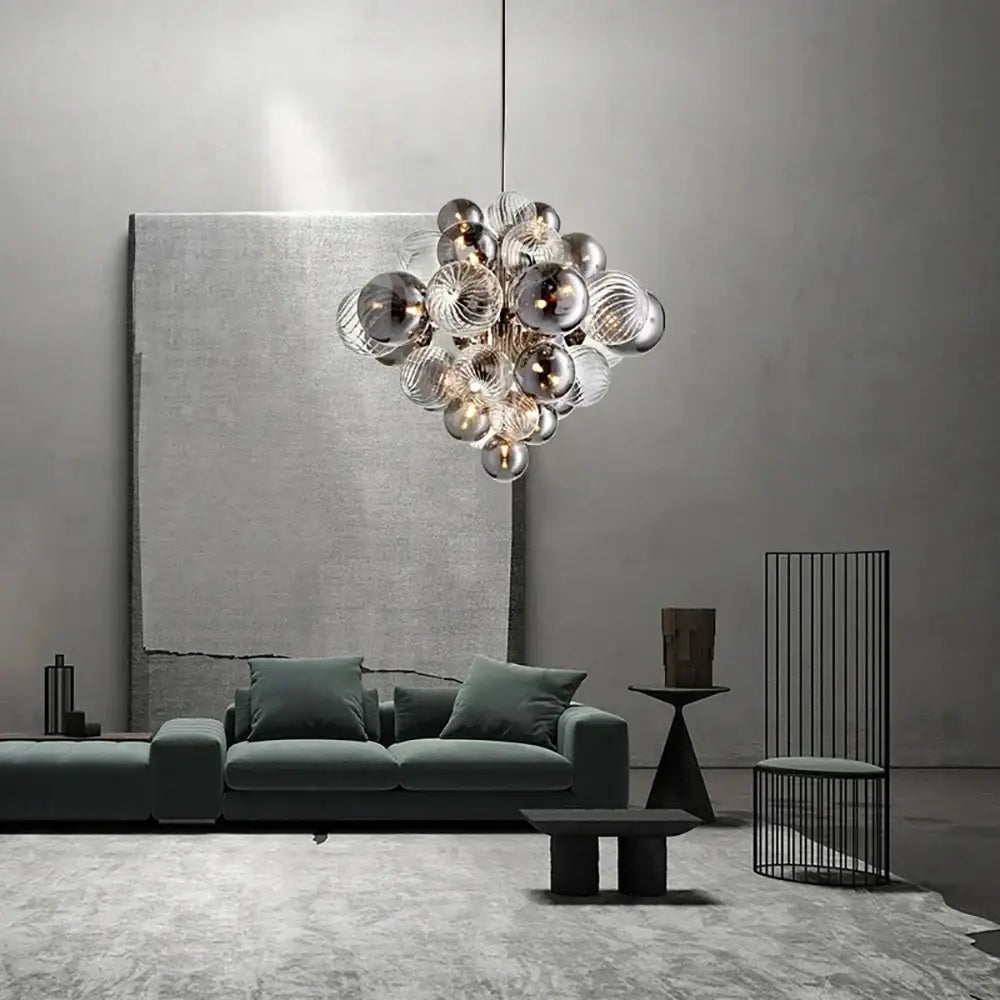 Modern glass bubble ceiling chandelier with clear and frosted spherical bulbs and metallic silver accents for living room decorbites glass bubble