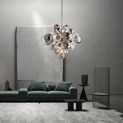 Modern glass bubble ceiling chandelier with clear and frosted spherical bulbs and metallic silver accents for living room decorbites glass bubble