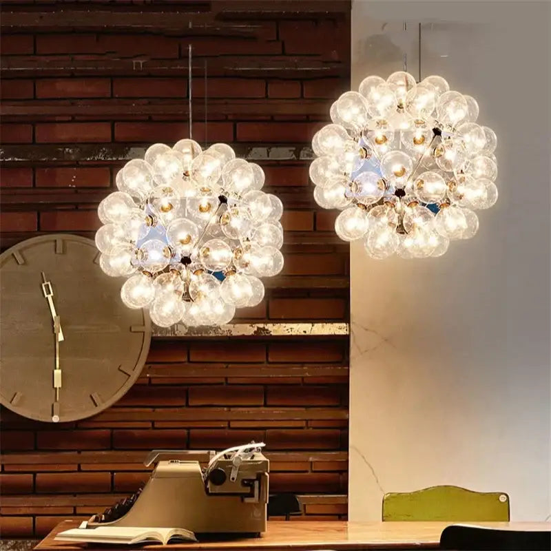 Two spherical modern glass bubble led hanging lamps with clear glass bulbs suspended for living room decorbites glass bubble