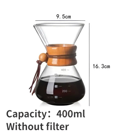 Clear glass chemex coffee kettle with wooden collar and steel filter drip for modern filter drip brewer 400ml capacity
