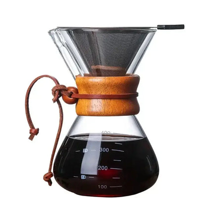 Modern glass coffee kettle set with clear chemex coffee maker featuring wood collar and steel filter drip brewer