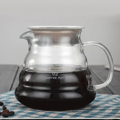 Modern glass coffee pot with measurement markings and stainless steel coffee pot lid for kitchen dining use