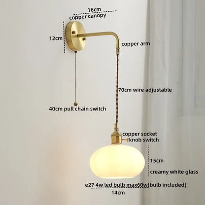 Vintage-style copper led wall lights with cream glass shade and adjustable wire for height in bedroom globe sconce design