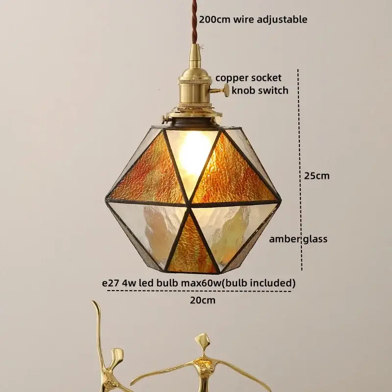 Modern glass copper pendant light with amber glass panels and brass copper socket switch for dining room and kitchen island
