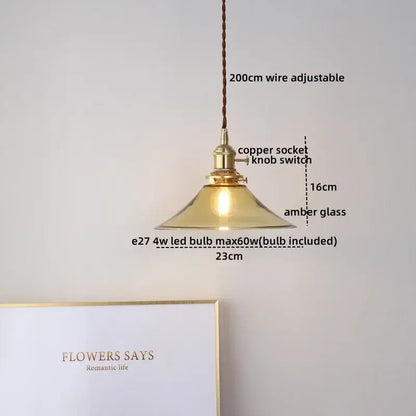 Modern glass copper pendant light with brass fixture amber glass shade and 200cm adjustable wire for dining room