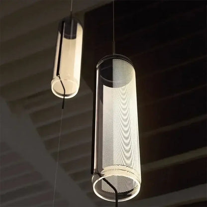 Modern glass cylinder chandelier dining room led pendant light with translucent mesh design and sleek metallic decorbites glass cylinder