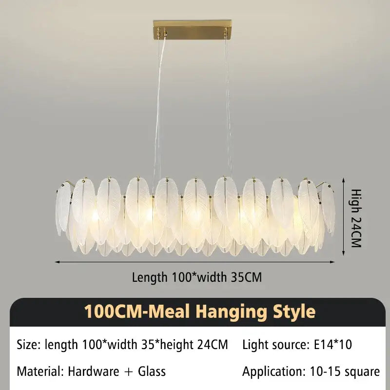 Modern glass feather chandelier with translucent white glass feather shades and brass hardware for living room lighting