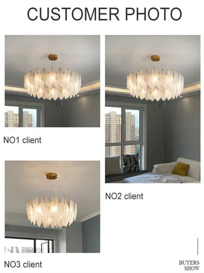 Elegant white glass feather chandelier with circular layered petal glass shades and brass pendant light accents