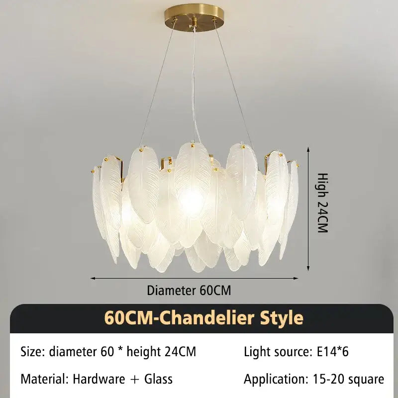 Modern glass feather chandelier with translucent white glass shades and gold-toned metal brass pendant light mount