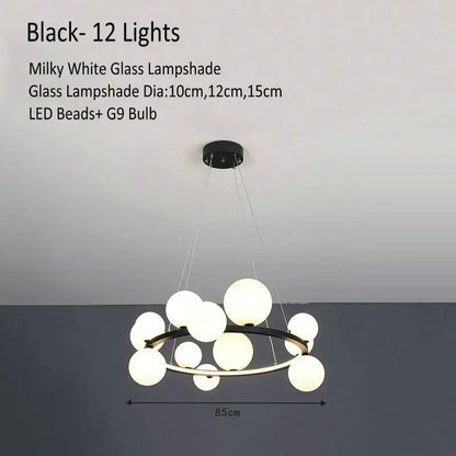 Black modern glass chandelier lamp with twelve milky white glass shades suspended for kitchen island lighting