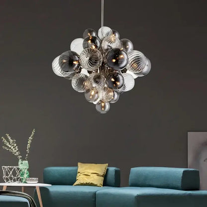 Modern glass globe led chandelier with ribbed clear frosted white and dark gray spherical bulbs for living room decorbites glass globe