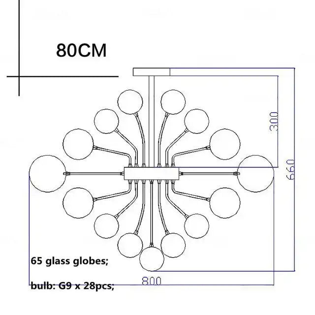 Modern glass globe led chandelier 80cm wide with 65 ribbed glass globes and g9 bulbs for living room decorbites