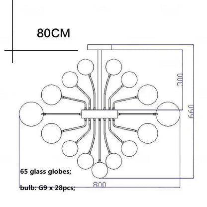 Modern glass globe led chandelier 80cm wide with 65 ribbed glass globes and g9 bulbs for living room decorbites