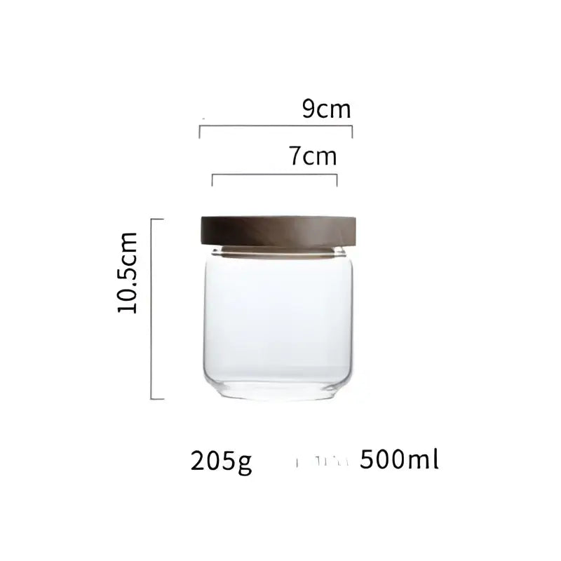 Clear glass hermetic storage jar with dark brown airtight lids by decorbites measuring 10.5cm tall and 500ml capacity