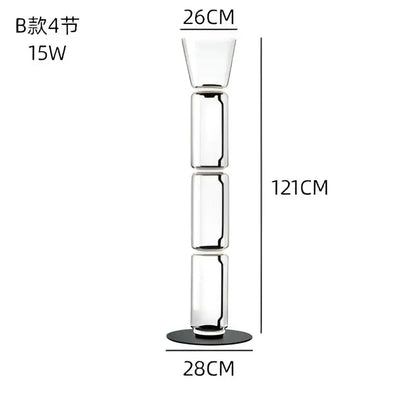 Tall modern glass led floor lamp with transparent candle holder and black base for living room lighting