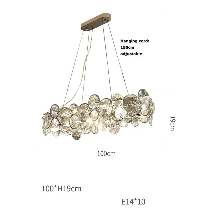 A modern circular pendant light featuring clear faceted crystal discs from decorbites crystal magic ring collection