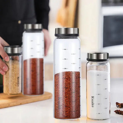 Modern glass seasoning spice shaker salt pepper bottle with clear glass jars silver lids and kuake branding