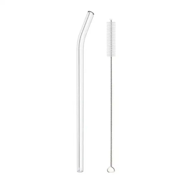 Modern glass straw set with clear glass straw curved top and metal bristled cleaning brush for kitchen and bar use