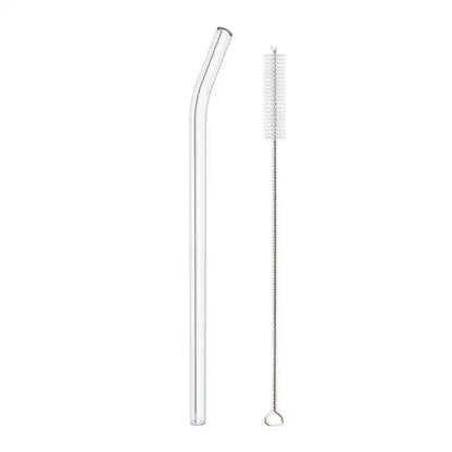 Modern glass straw set with clear glass straw curved top and metal bristled cleaning brush for kitchen and bar use