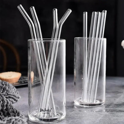 Modern glass straw set with decorbites glass straws in clear curved and straight designs in transparent holders