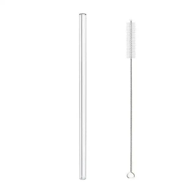 Modern glass straw set with decorbites glass straw clear glass and metal cleaning brush with white bristles and loop handle
