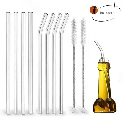 Modern glass straw set with clear curved and straight decorbites glass straws, metal cleaning brushes, and oil dispenser
