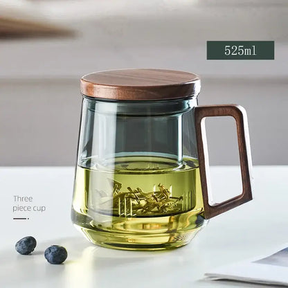 Modern decorbites glass tea cup with transparent glass body wooden handle lid and inner divider for steeping loose leaves