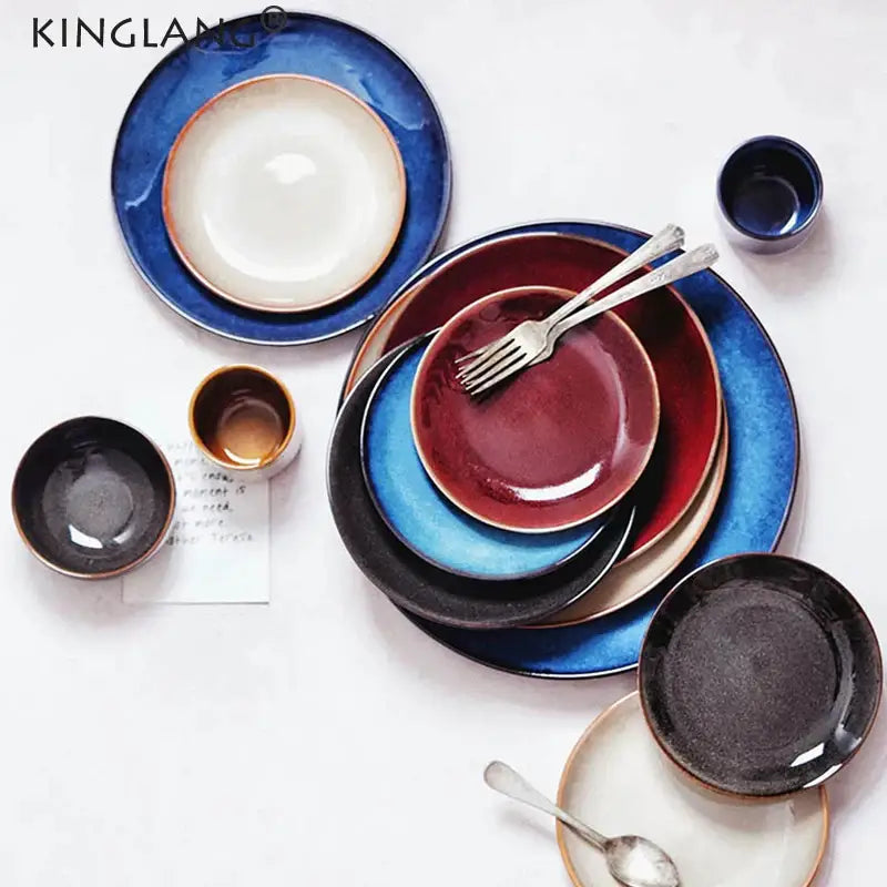 Modern glazed ceramic round plate dining room dish featuring bold blue red and black decorbites ceramic round plates with rustic finish