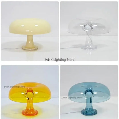 Modern glossy orange mushroom table lamp with translucent smooth finish and slender stem ideal for bedroom led lighting