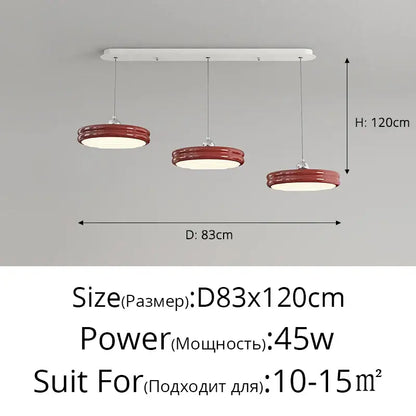 Red glossy circular pendant lights hang from a white mount in modern glossy pale yellow circular dimmable pendant decorbites design