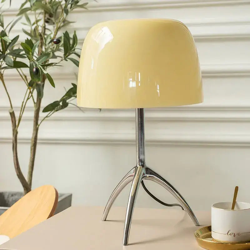 Modern glossy cream color table light with chrome tripod base perfect for decorbites candy color bedroom decor