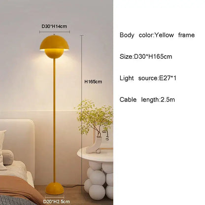 Yellow flower-shaped floor lamp with e27 led modern bulb, slender stem, and rounded base for living room lighting