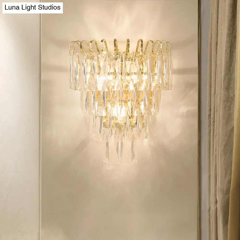 Modern gold 3 head crystal wall sconce with cascading clear prisms compatible with e12 e14 bulb base 220v-240v