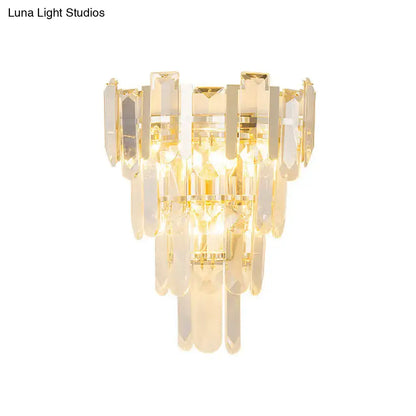 Modern gold 3-headed crystal wall sconce with cascading clear prisms 15 inch fixture for bedroom lighting
