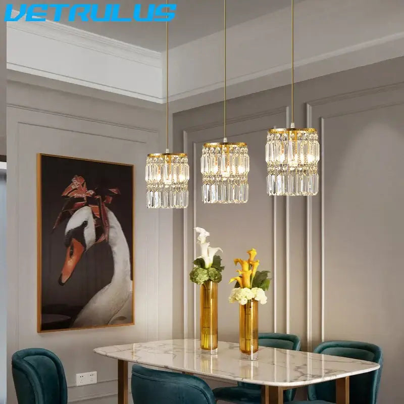 Three elegant modern gold 3 tier chandelier pendant lights with crystal prisms for dining room pendant light decor
