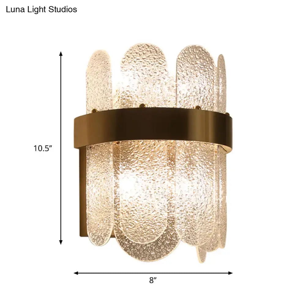Modern gold 4 head wall lamp with clear hammered glass panels and led light type for elegant bedroom sconce lighting