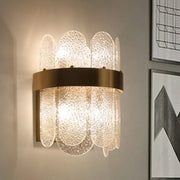 Modern gold 4 head wall lamp with clear hammered glass panels and led light type for elegant bedroom sconce lighting